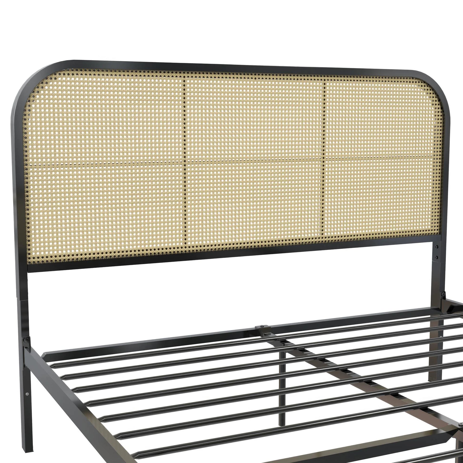 Roxanne Metal Platform Bed Frame with Cane Headboard, Queen, Black