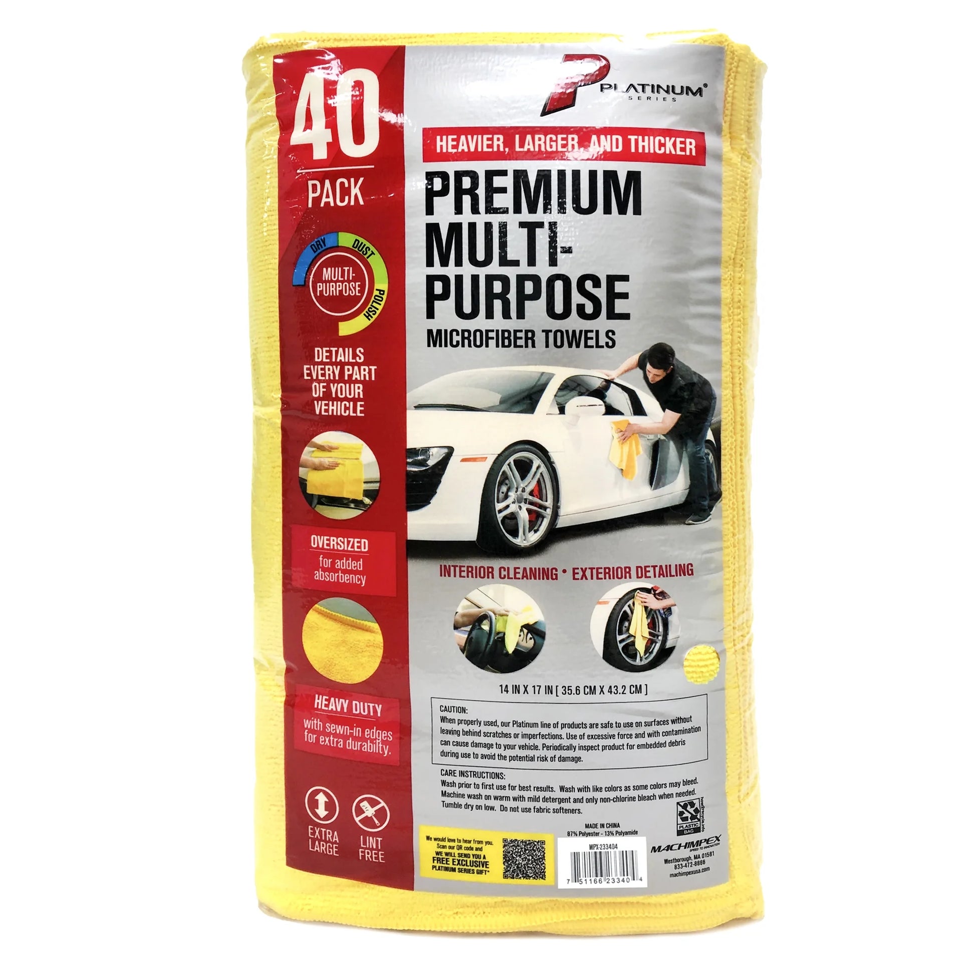 Heavy Duty Multi-Purpose Microfiber Detailing Towel, 40 Pack, Yellow