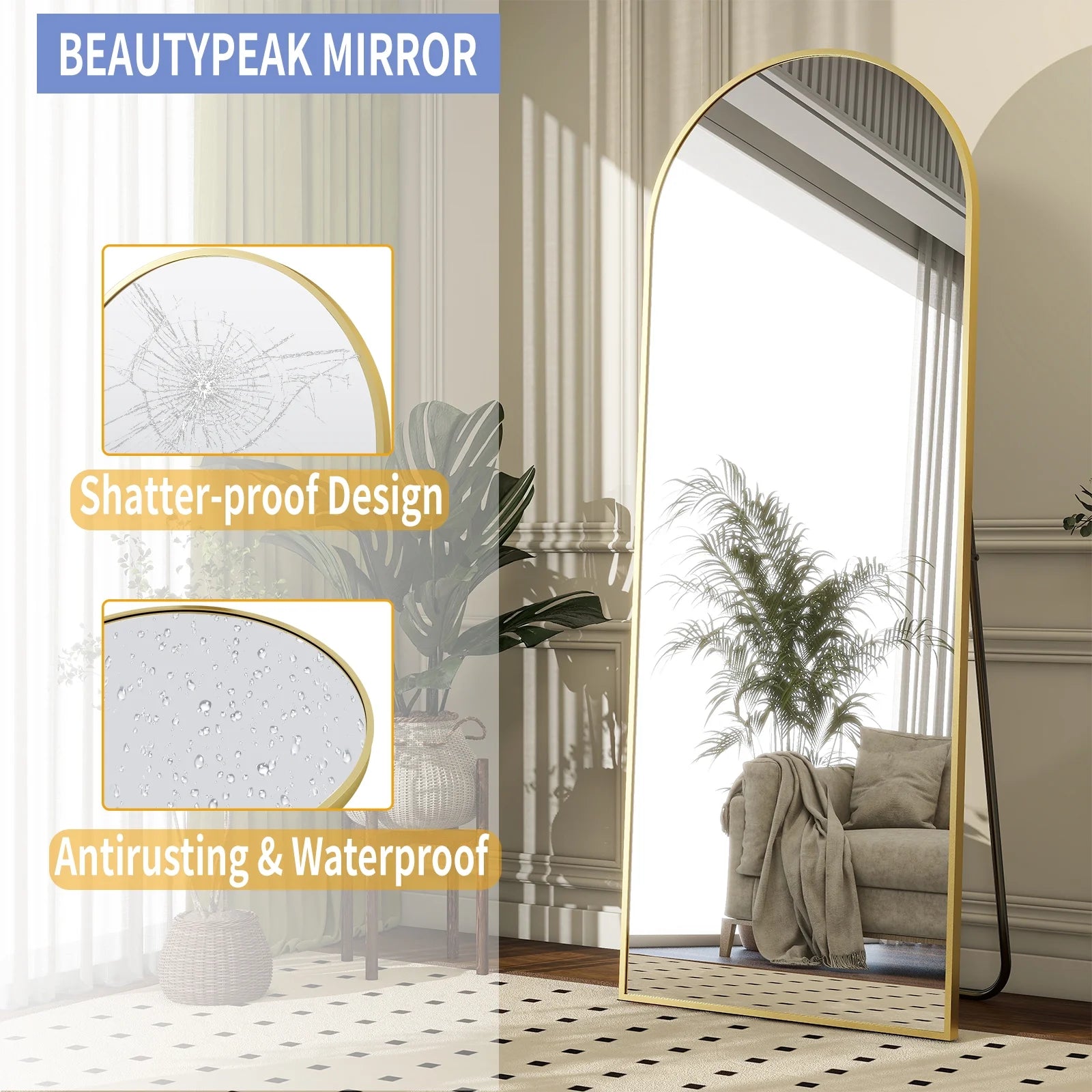 64"X 21" Full Length Mirror Arched Standing Floor Mirror Full Body Mirror, Gold