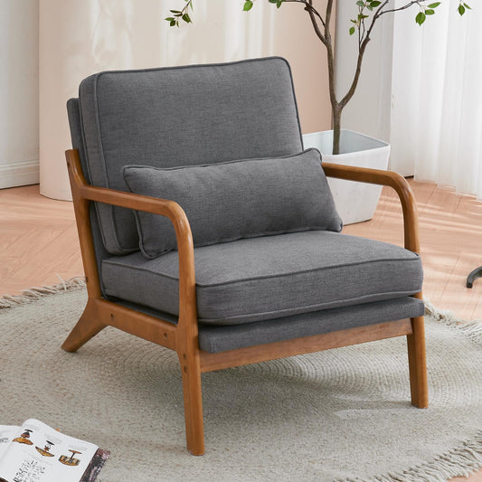 Modern Arm Chair Linen Fabric Upholstered Comfy Reading Accent Chair with Solid Wood Frame Dark Gray