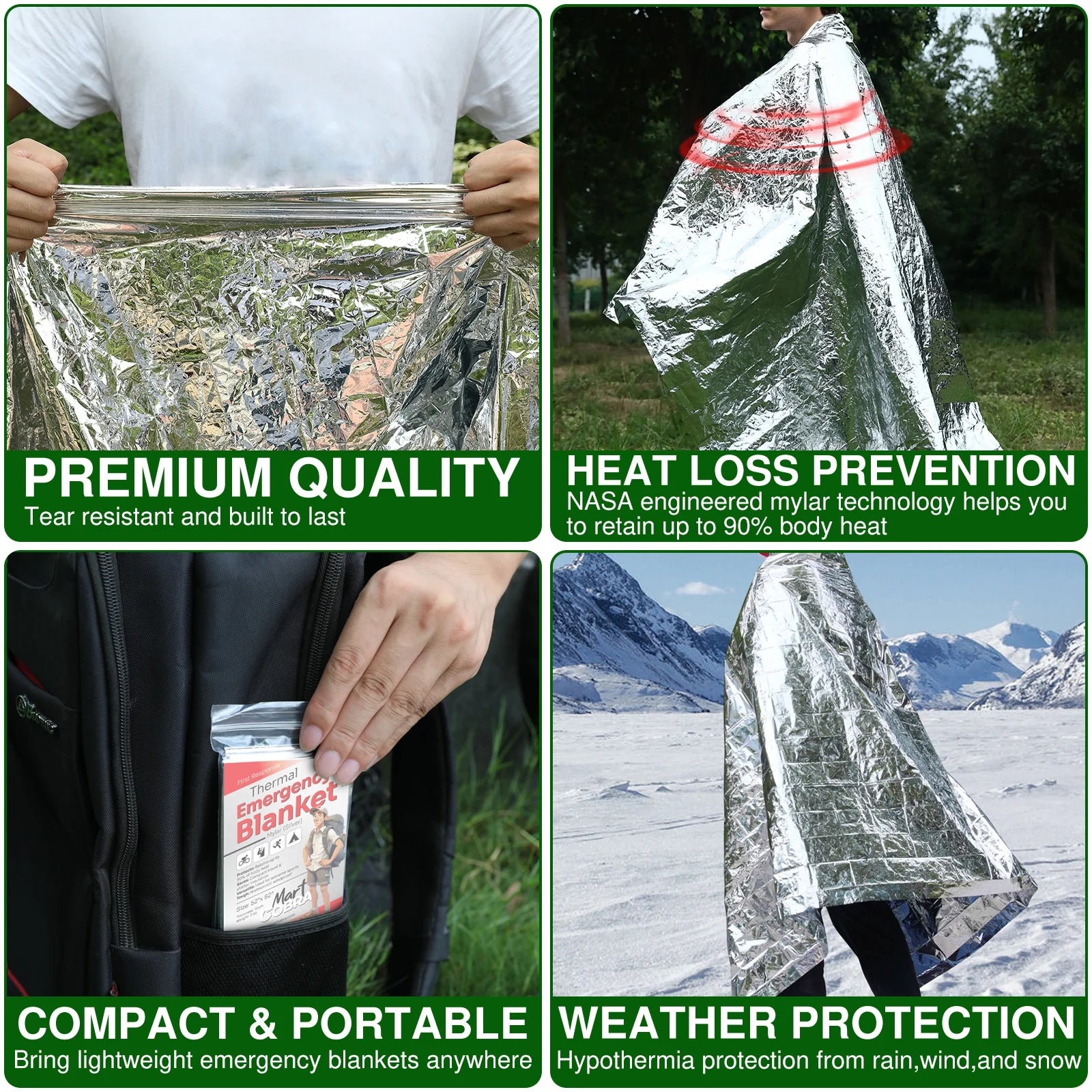 Emergency Blankets X6 - Mylar Thermal Space Blanket for Survival Gear, Solar Camping Shelter, Emergency Kit & Supplies - Foil Survival Blanket for Outdoors