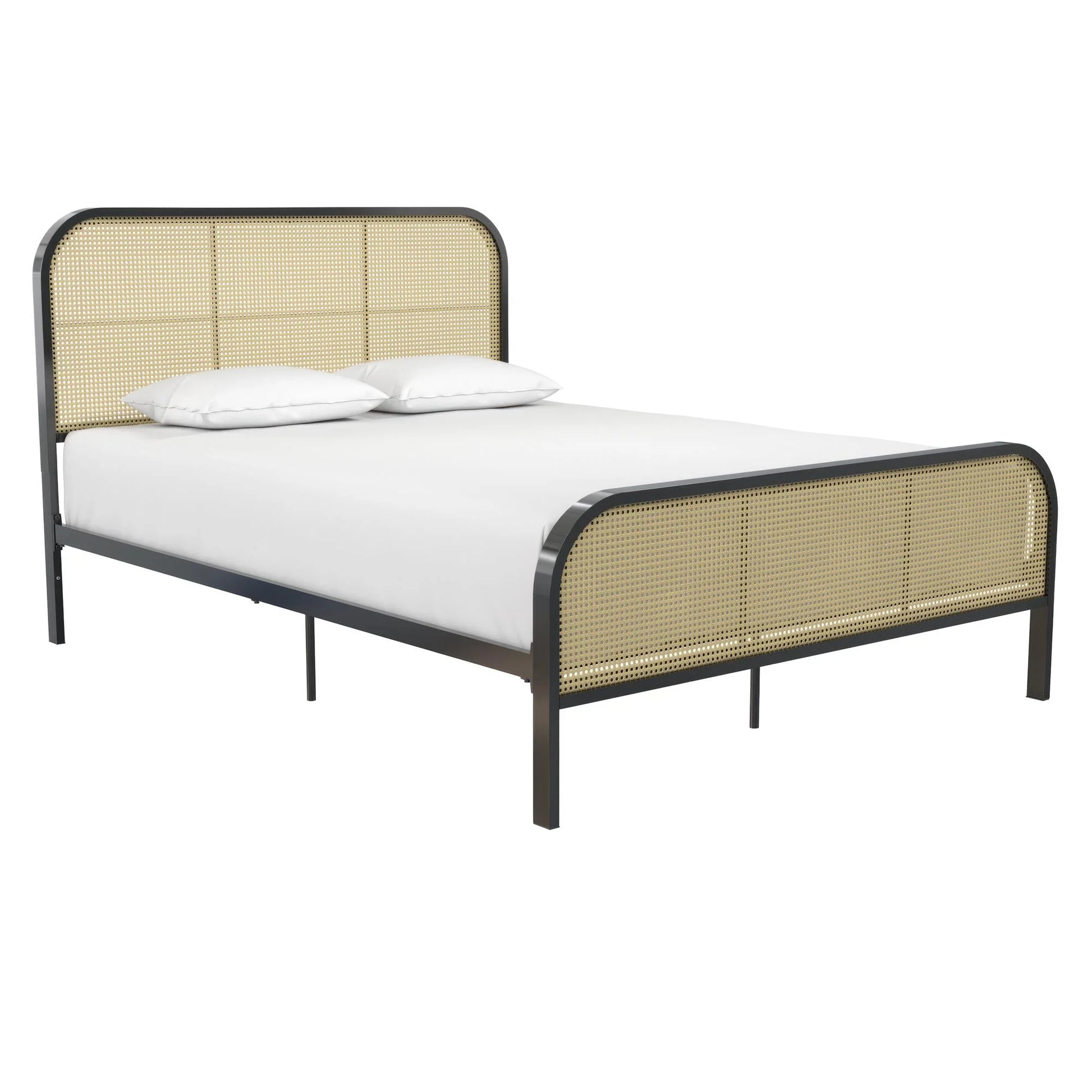 Roxanne Metal Platform Bed Frame with Cane Headboard, Queen, Black