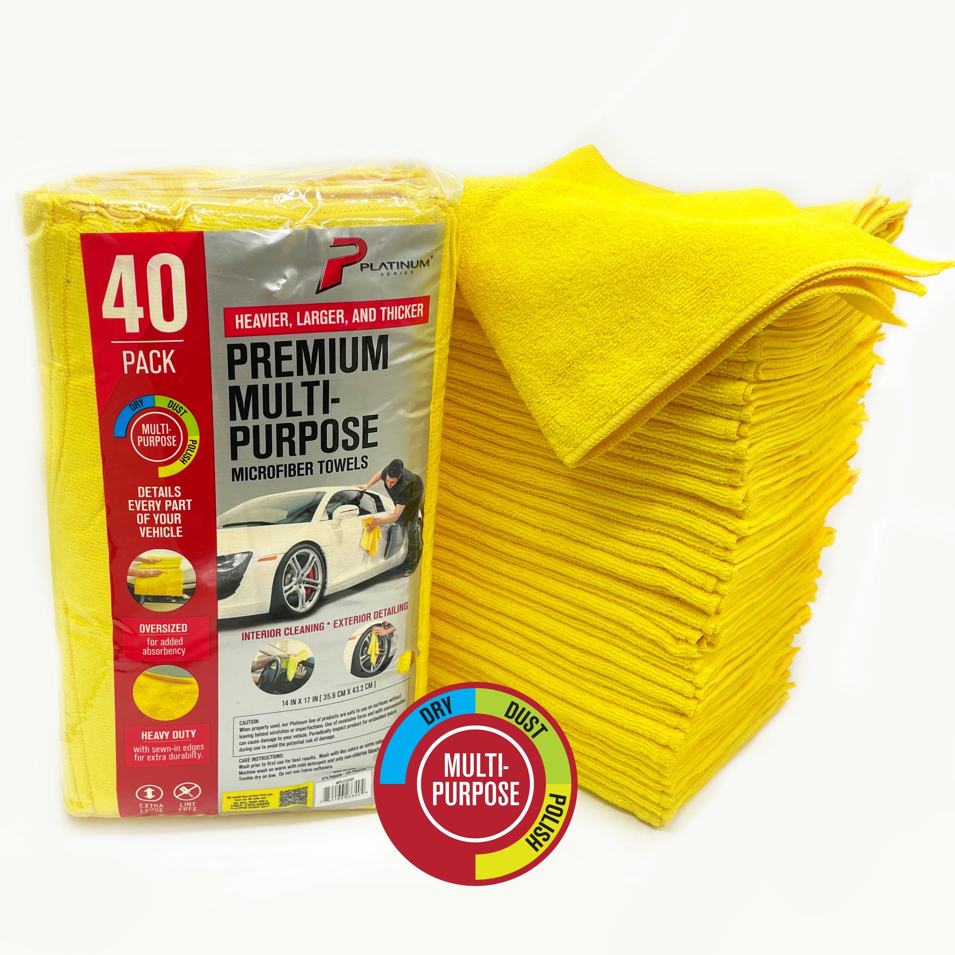 Heavy Duty Multi-Purpose Microfiber Detailing Towel, 40 Pack, Yellow