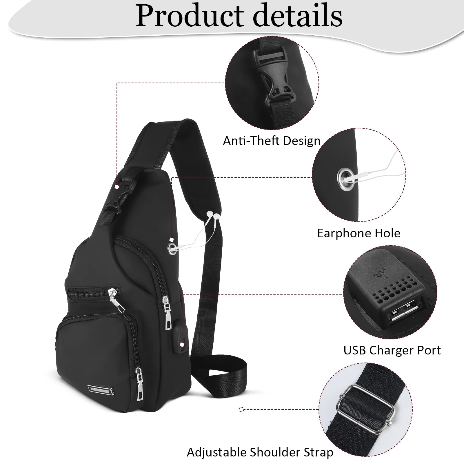 Waterproof Sling Bag Crossbody Backpack for Men Women, Sling Backpack Hiking Daypack with USB Charging Port, Multipurpose Cross Body Chest Bag for Hiking Walking Travel(Black)