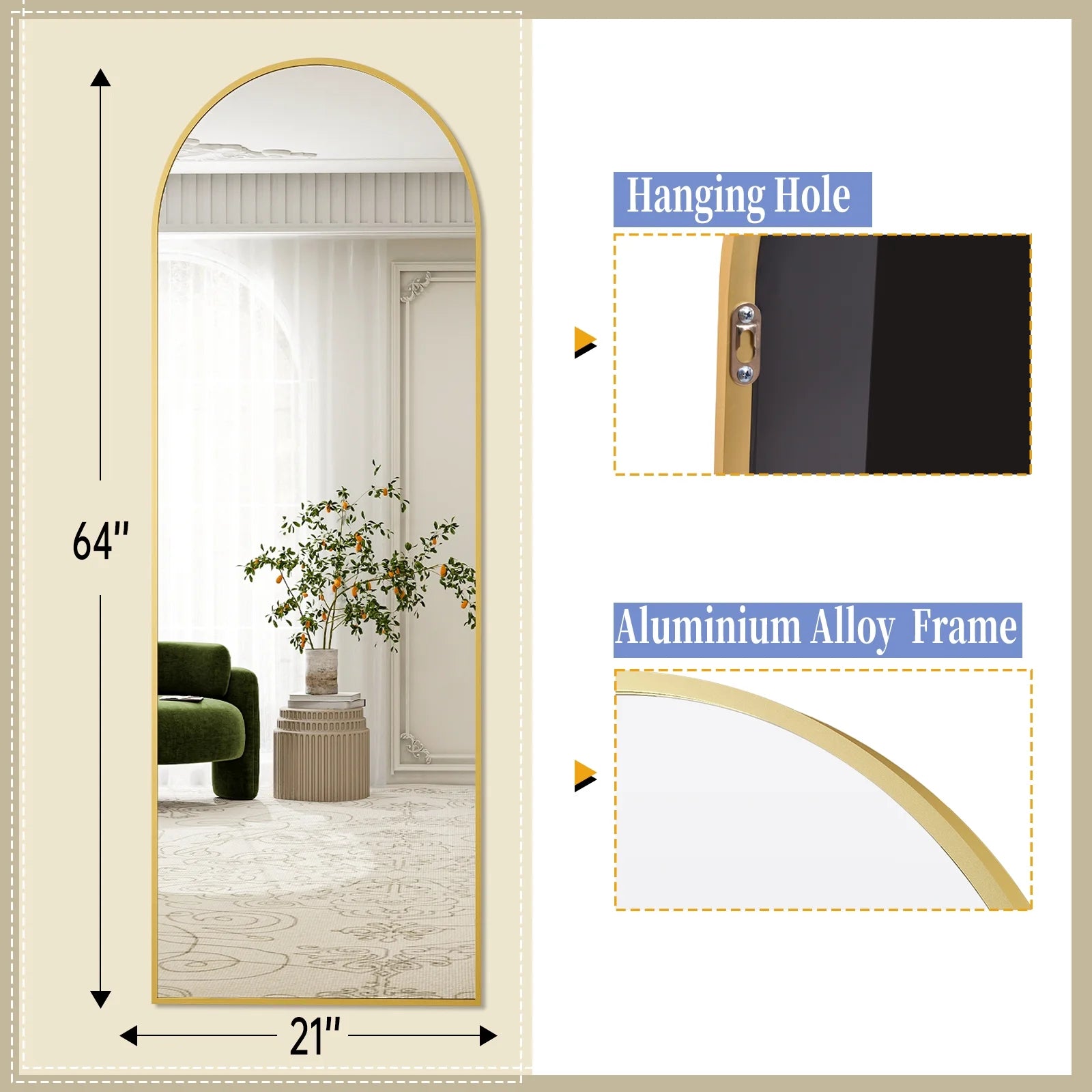 64"X 21" Full Length Mirror Arched Standing Floor Mirror Full Body Mirror, Gold