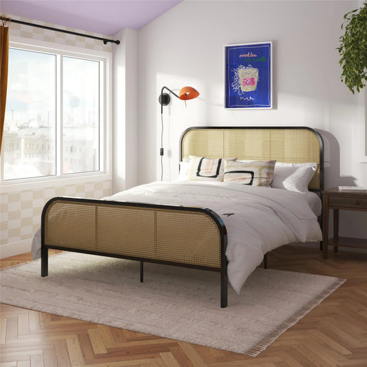 Roxanne Metal Platform Bed Frame with Cane Headboard, Queen, Black