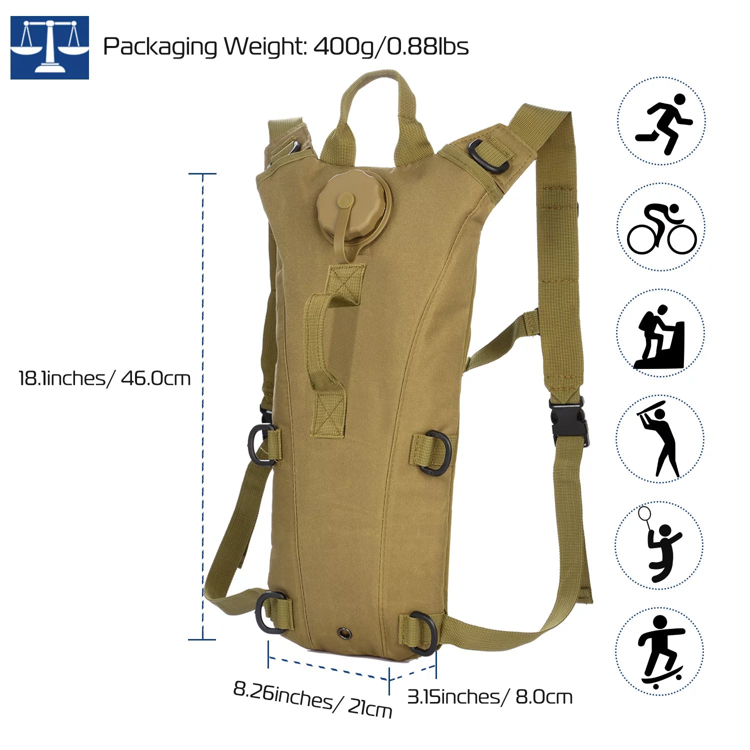 3L Water Bladder Bag Tactical Military Hiking Camping Hydration Backpack Outdoor, Brown